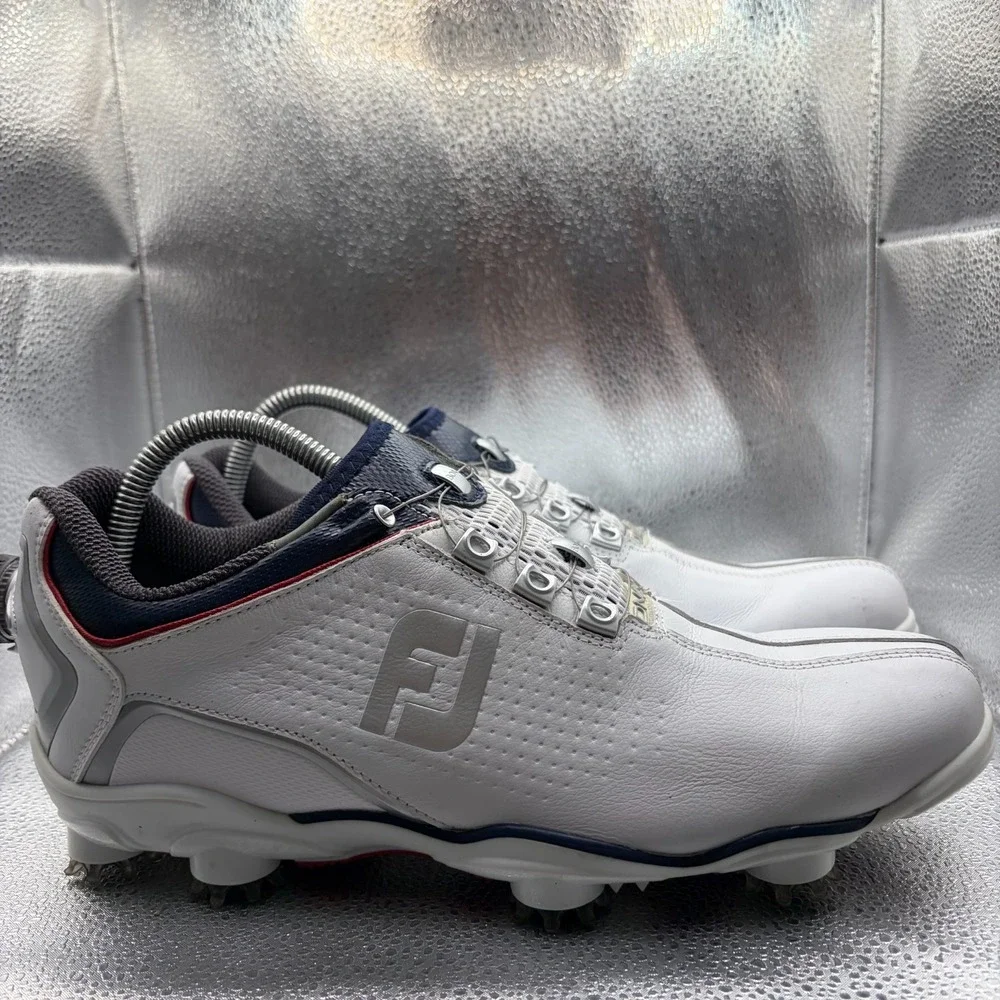 Size 8.5N FootJoy DNA Helix BOA White Navy Mens Comfort Spiked Golf Shoes 53344